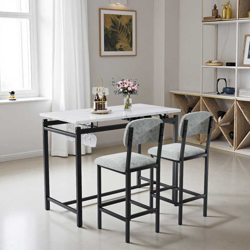 Modern Dining Table And Chairs For 2, Marble Finishes Dining Table Set With 2 Upholstered Chairs, Kitchen Table Set Bar Pub Set For Breakfast Nook