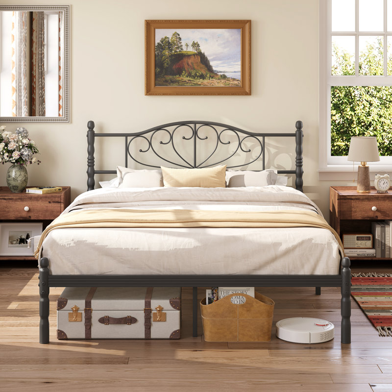 Black Metal Platform Queen Bed Frame With Decorative Headboard, Heavy Duty Steel Slats, No Box Spring Required, Queen, Black