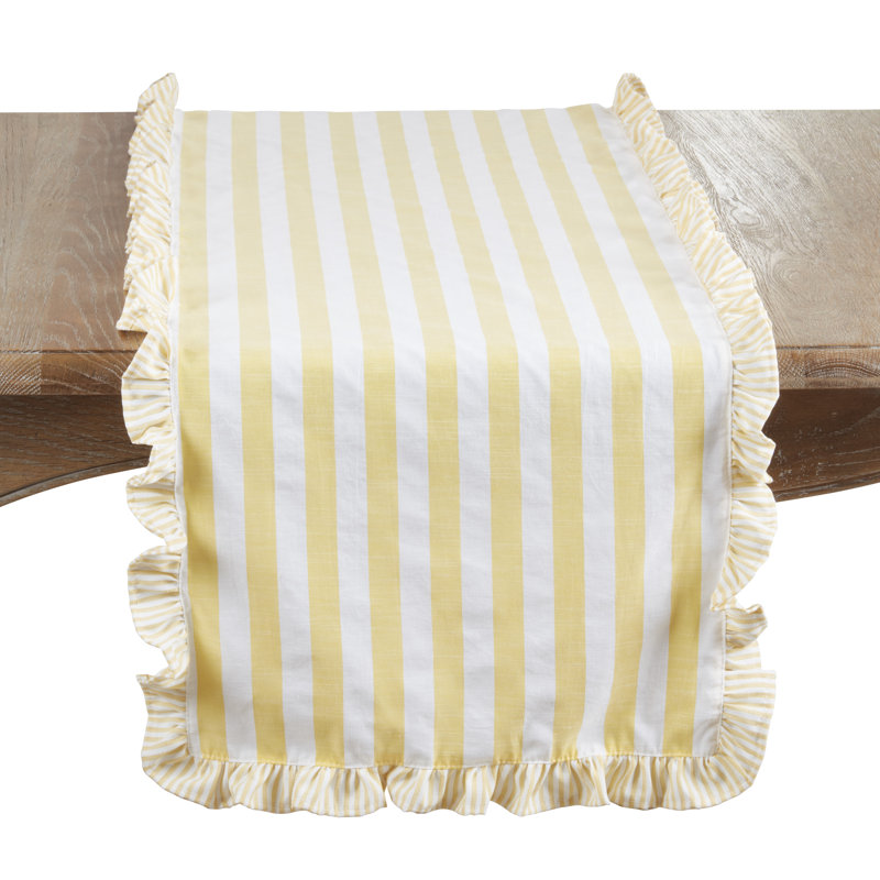 Striped Ruffle Edge Table Runner – Decorative Non-Reversible Cotton Blend Table Runner for Dining Table, 16"x72", Yellow