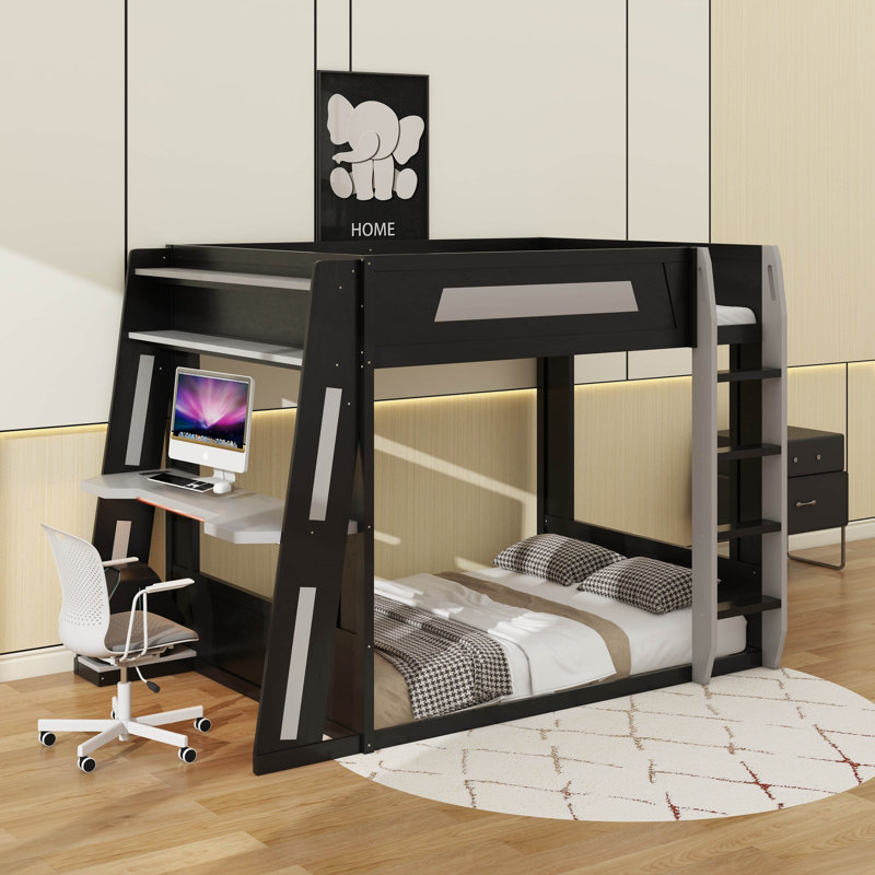 Grand lit superposé en bois avec bureau, tablettes, lumière USB et DEL, Noir/gris, Grand sur grand