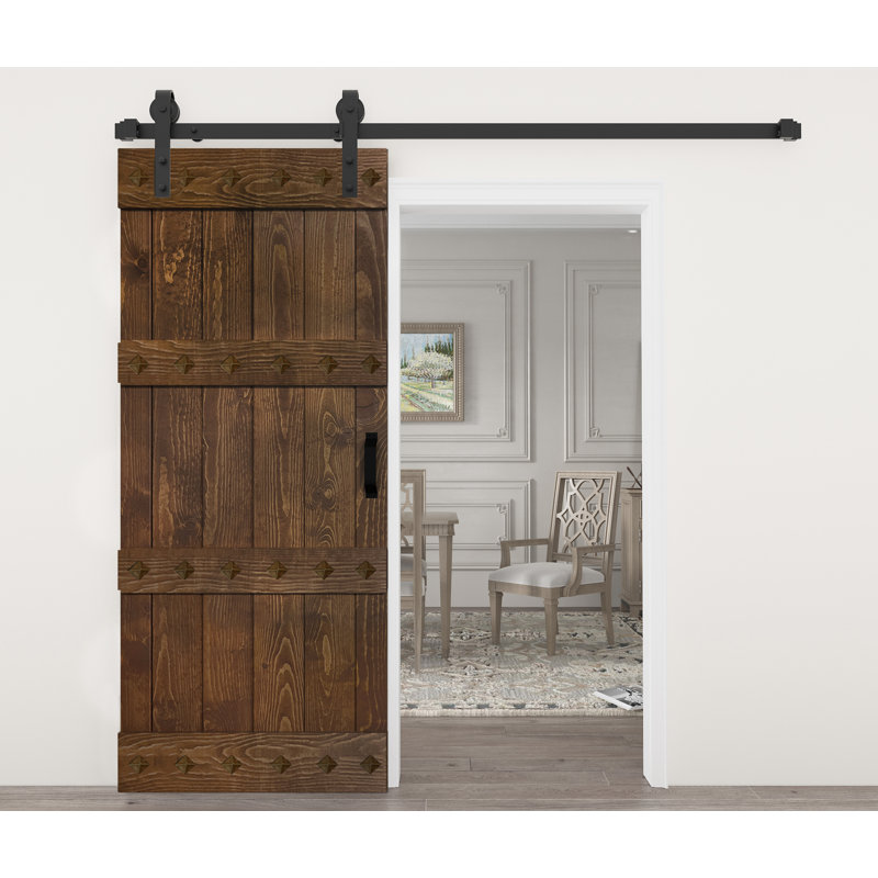 Mid-Century Modern Dark Walnut Solid Wood Barn Door Kit with Matte Black Hardware
