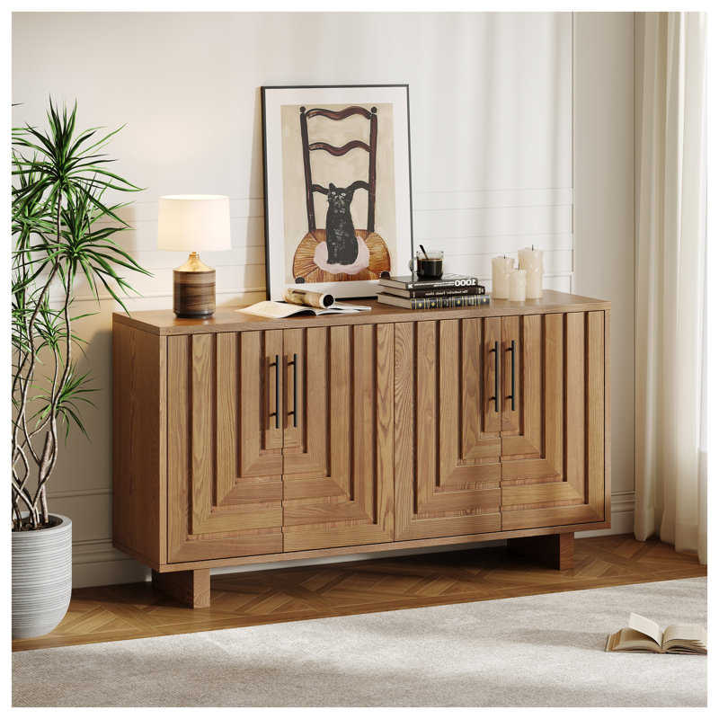 Buffet moderne en placage de frêne, console de rangement 59 po avec 4 portes et poignées en métal pour salle à manger, Brun