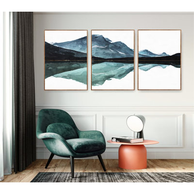 Ensemble de 3 montagnes majestueuses, aquarelle, décor de maison de lac