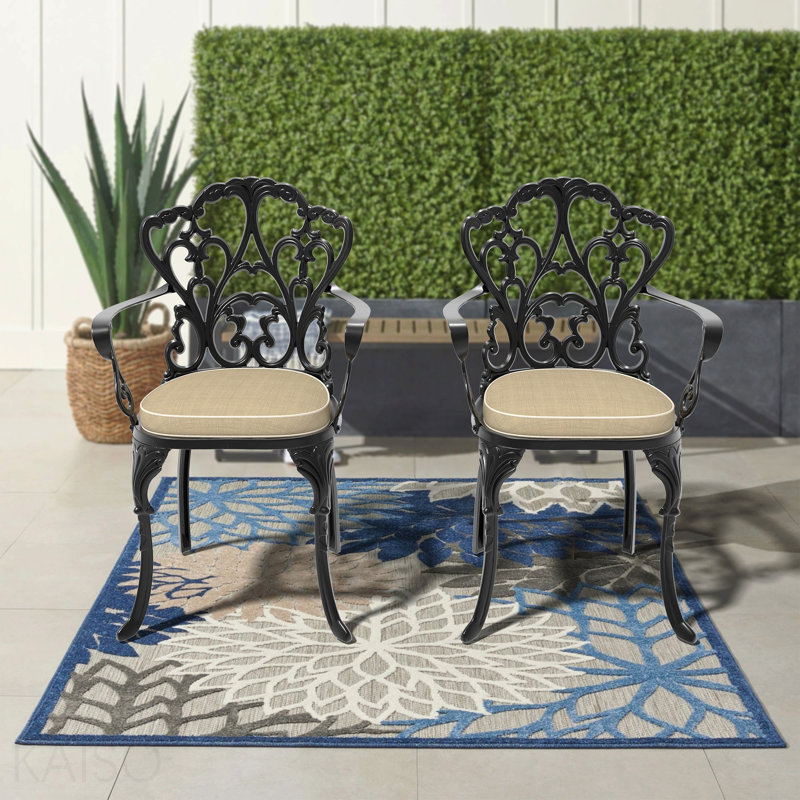 Chaise de patio en fonte d'aluminium 2 pièces avec structure noire et coussins beiges