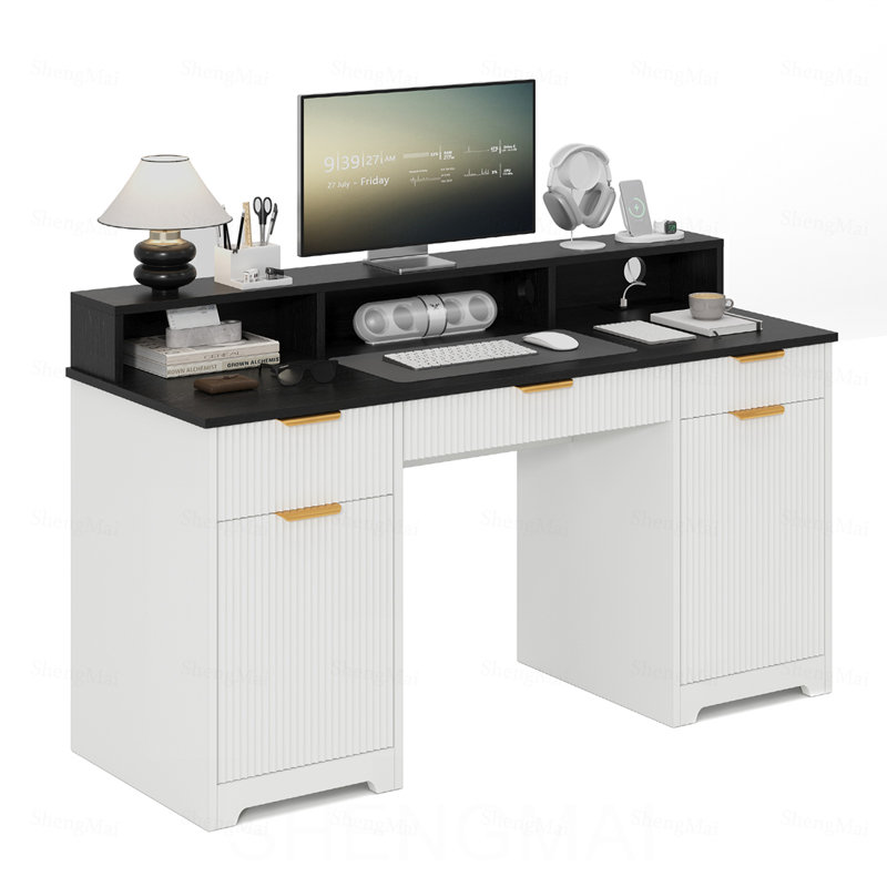 Table d'ordinateur de bureau de direction avec prises de courant et support pour moniteur, bureau d'écriture avec tiroir de rangement pour clavier et classeurs pour bureau personnel