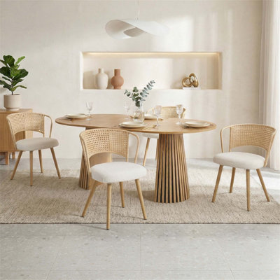 Expandable Solid Wood Dining Table with Wicker Farmhouse Chairs - Versatile and Stylish 4-Piece Set for Any Home