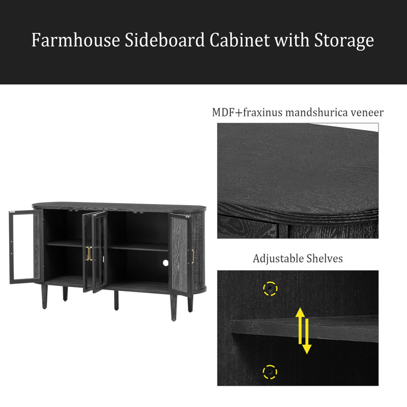 Farmhouse Sideboard Cabinet With Storage, Wood Buffet Cabinet With Glass Doors And Adjustable Shelves For Kitchen, Dining Room And Living Room
