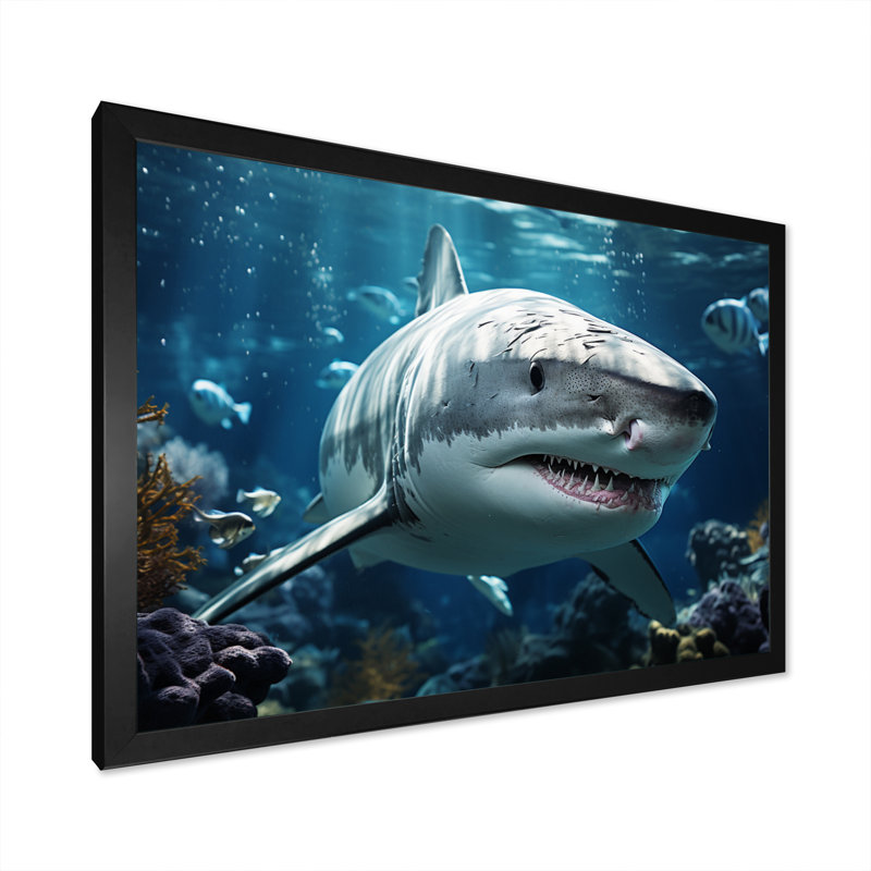 " Teal Gray Shark Marine Symphony ", 24" H x 32" W x 1" D, Black Picture Framed
