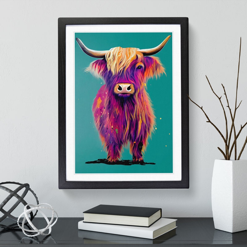 XV1022-1592X Colourful Highland Cow No.1 - Single Picture Frame Print, 34cm H x 25cm W, Black