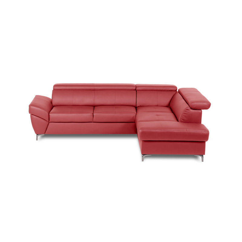 CAPRI Genuine Leather Corner Sofa with Pull-Out Bed and Storage and Adjustable Headrests, Red, Right Hand Facing