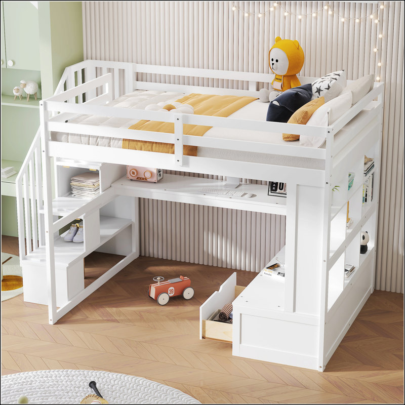 Lit mezzanine double avec bureau et tablettes, Blanc