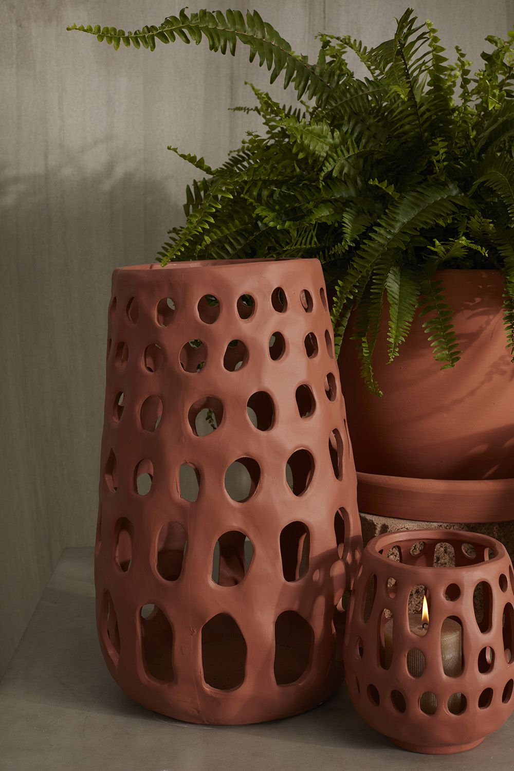 Ceramic Lantern Candle Holder, 19" H x 12.25" W x 12.25" D