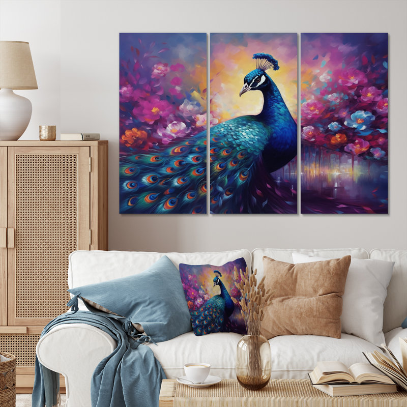 «Vibrant Peacock II» sur toile, reproduction de 3 pièces, H 40 po x l 60 po x P 1 po