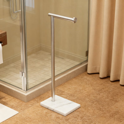 Porte-serviettes de salle de bain autoportant avec distributeur de papier hygiénique, support de plancher réglable pour baignoire et douche, sans installation de perçage