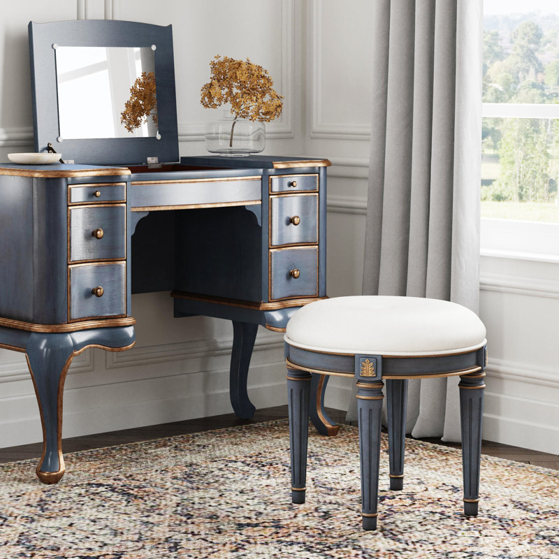 Bernadette Upholstered 18"W Vanity Stool, White, Blue