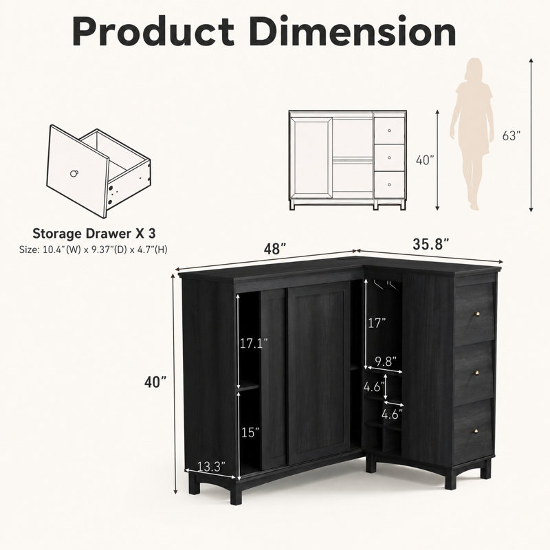 Armoire de bar en L en forme de L avec prise de courant, ports USB et Type-C, armoire de bar en MDF noir avec tiroir, Black