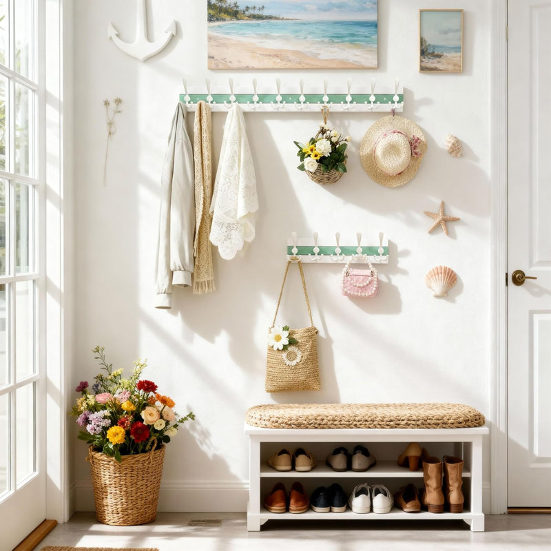 Coastal wall hanger with 5 hooks