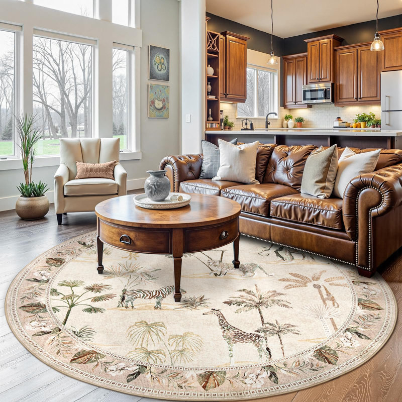 Animals Print Washable Thin Non-Slip Area Rug, Round 7', Jungle Beige