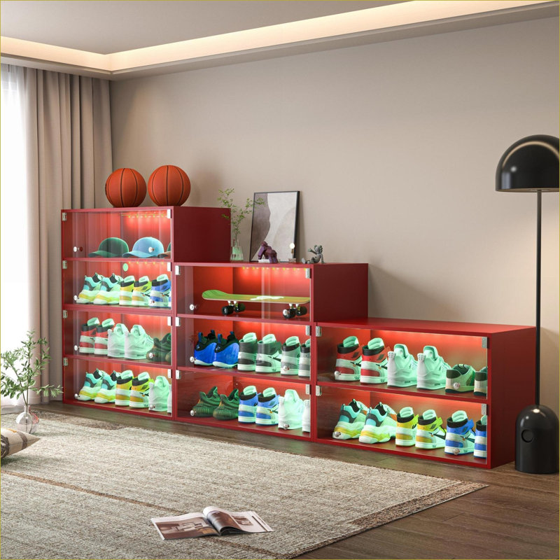 Cabinets | 6-Pair Sneaker Storage Cabinet | RGB Color Changing LED Lights | Sliding Dust-Proof Glass Doors | App &amp; Remote Controlled | Crimson Red | Particle Board | Contemporary