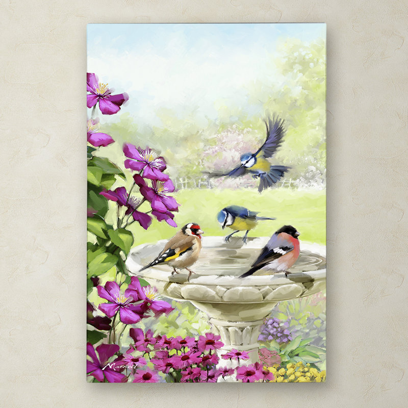 Garden Birds at Birdbath Modern Canvas Art