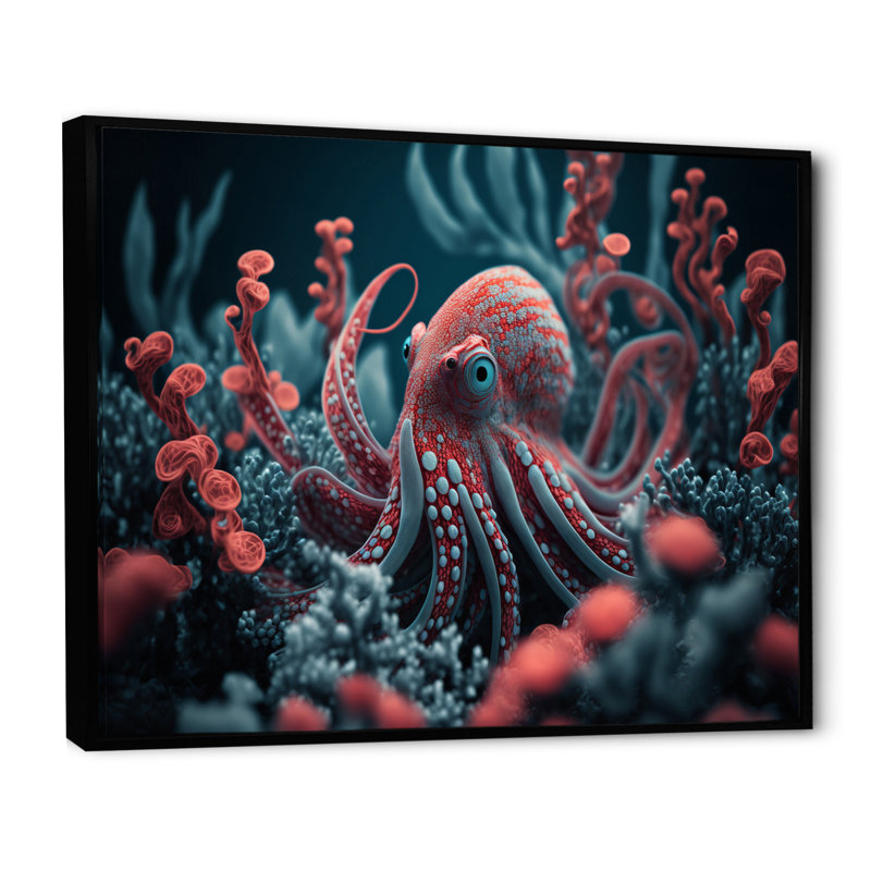 Mykea Red Octopus on the Ocean Floor I - reproduction sur toile, L 32 po x H 16 po, Toile avec cadre flottant noir