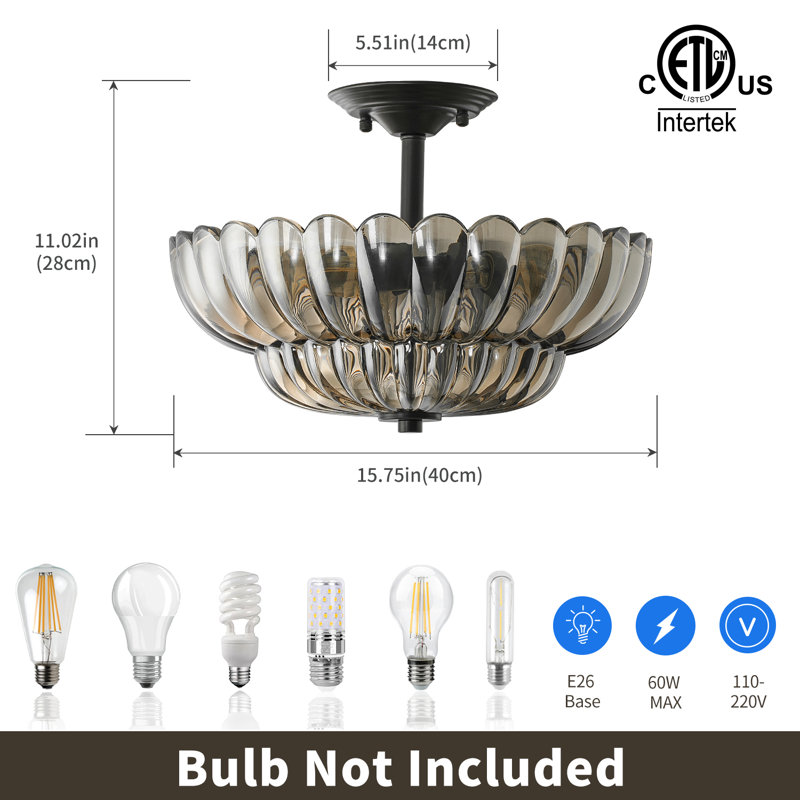3-Light Smokey Grey Fluted Glass Semi-Flush Mount - 16in,Matte Black, 11.02" H x 15.75" W x 15.75" D
