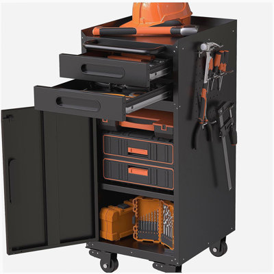 34.3" Narrow Rolling Tool Cabinet - Space-Saving Garage Storage with Lockable Door, 2 Drawers and Large Handle, Slim Metal Organizer for Tight Spaces