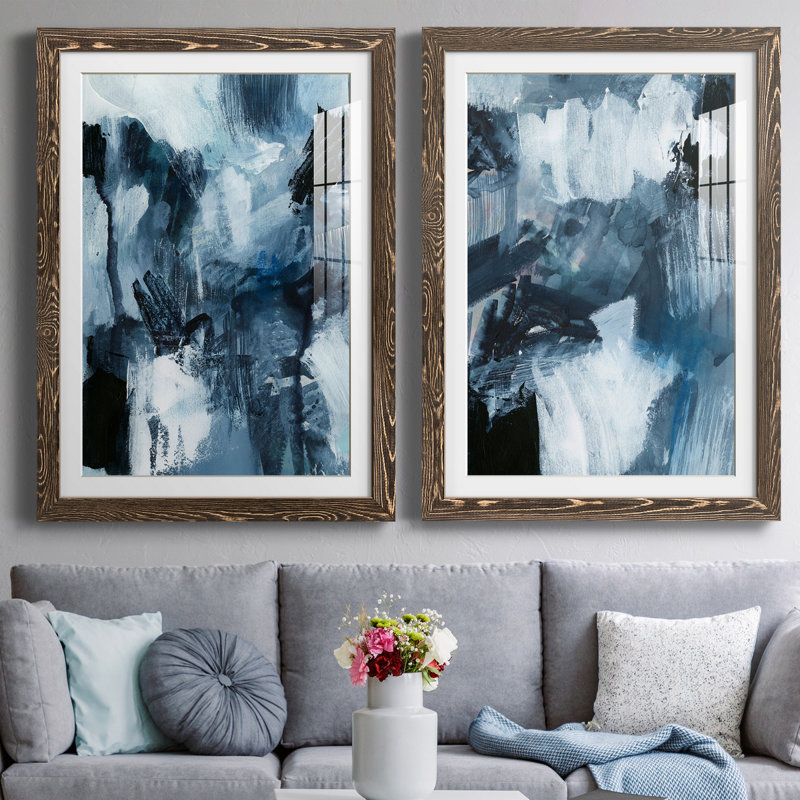 Composition in Blue I - ensemble de 2 reproductions d'art sur papier, H 31,5 po x l 47 po x P 1,5 po, Noyer