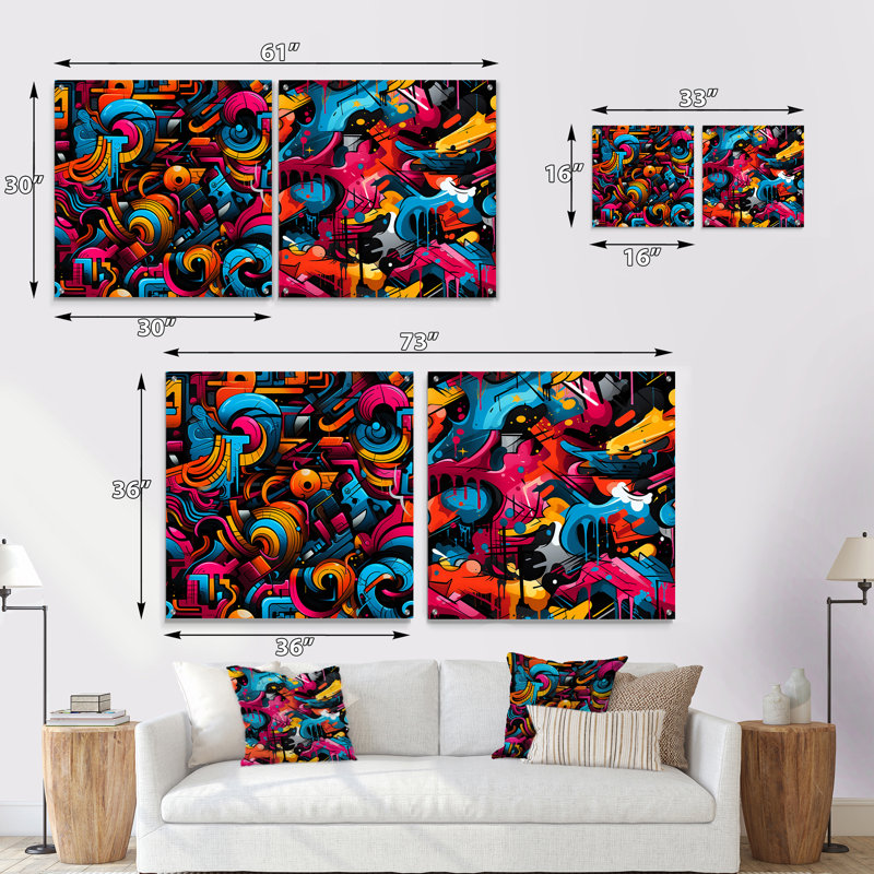 Popart Neon Graffiti Fusion I - ensemble abstrait d'art géométrique abstrait en verre sur verre, H 16 po x l 33 po