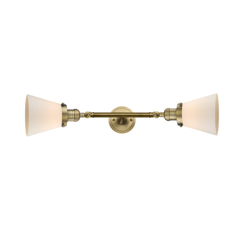 Cone 2 Light Tiltable Bath Vanity Light, Matte White Cased, 6 Watt Vinage LED Bulb, Brushed Brass