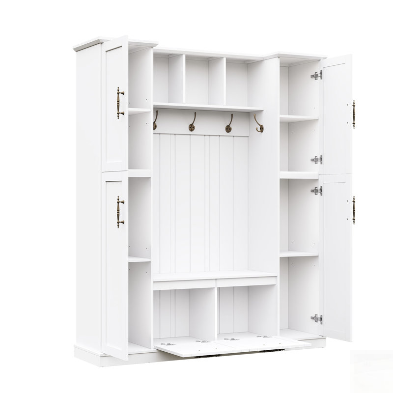 Farmhouse Elegant Hall Tree With 4 Side Cabinets, All-In-One Mudroom Furniture With Adjustable Shelves & Open Cubbies, Beadboard Entryway Bench With Coat Rack & 5 Hooks For Hallway