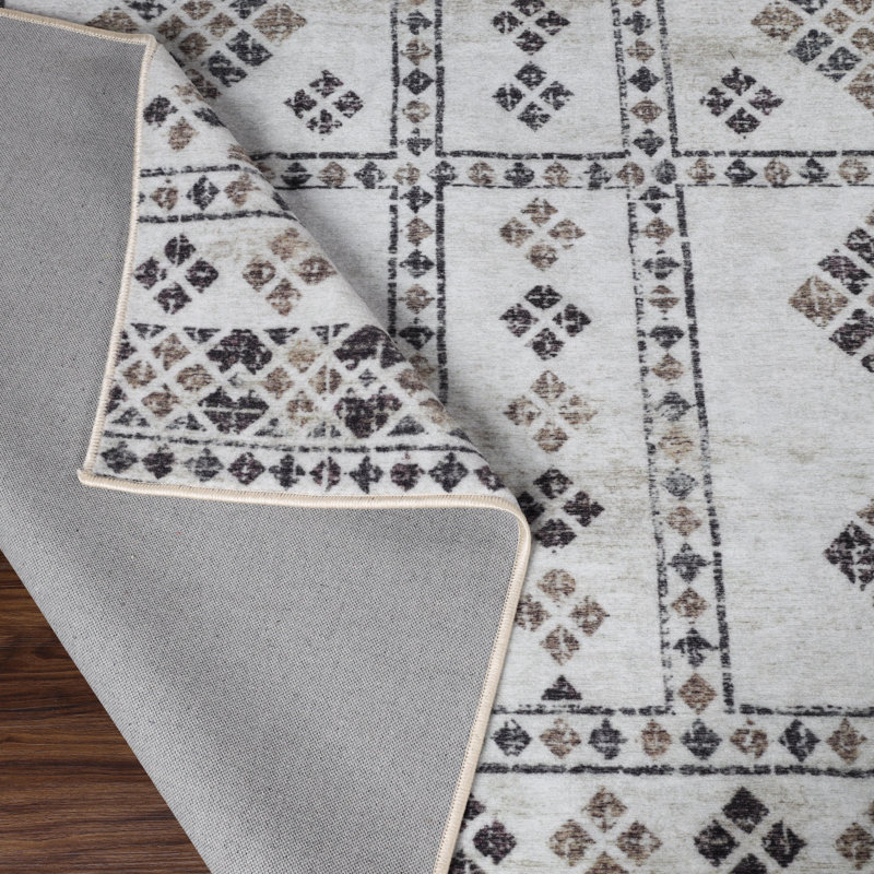 Aquinnah Solin 100% Nylon Modern Diamond Border Washable Indoor Area Rug, Rectangle 10' x 14'
