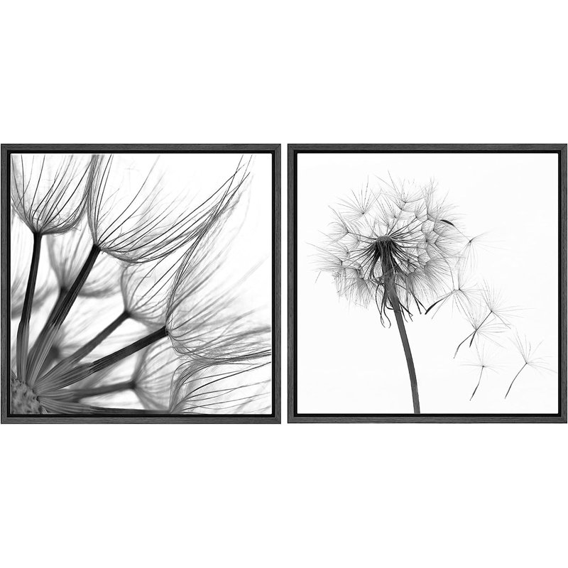 "Noir et blanc", gros plan, pissenlit, art floral sur toile encadré 2 pièces, H 24 po x l 48 po x P 1,5 po