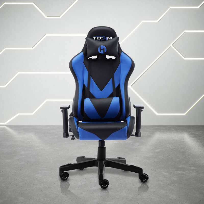 Fauteuil de jeu et de course inclinable, ergonomique et inclinable en similicuir Inbox, Bleu et noir