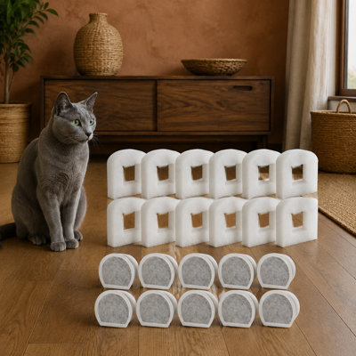 Ensemble de rechange de 20 pièces contenant 10 filtres à charbon et 10 filtres en mousse pour fontaines à eau compatibles avec les animaux de compagnie.