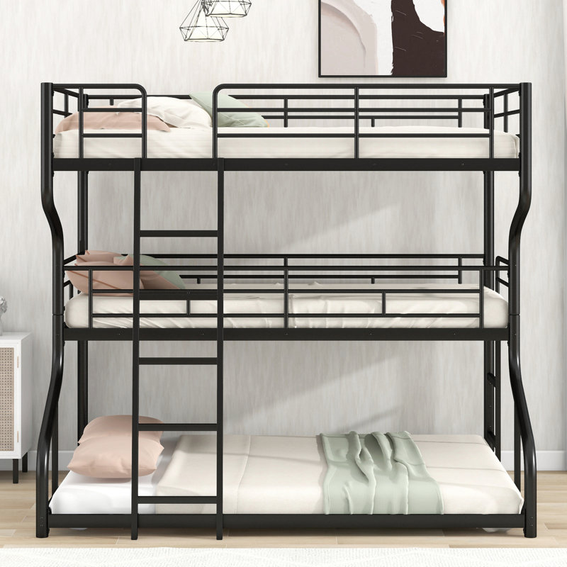 Full Xl Over Twin Xl Over Queen Size Triple Bunk Bed With Long And Short Ladder, Black