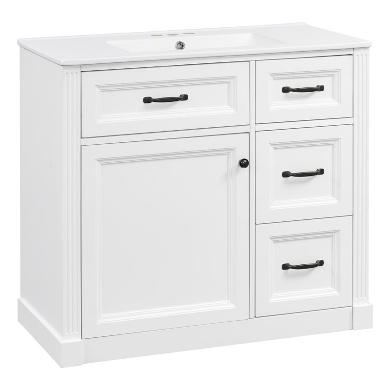 Meuble-lavabo 36 po avec lavabo en céramique, tablette réglable et 4 tiroirs, Blanc