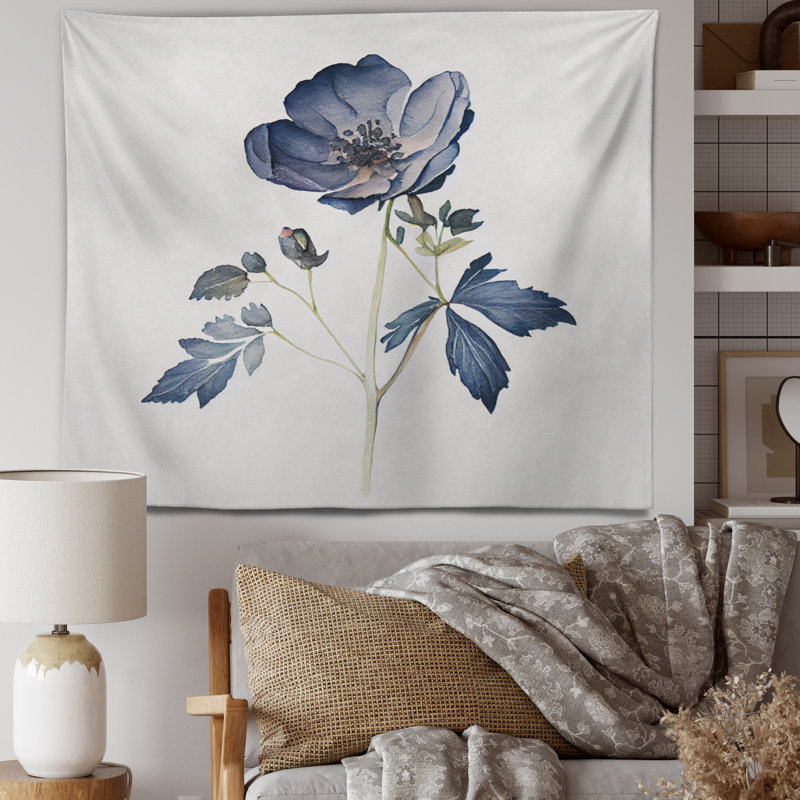Dark Indigo Flower In Retro Colors VI Polyester Tapestry, 32" H x 39" W