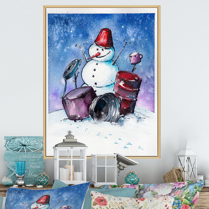 Décoration de Noël de bonhomme de neige jouant du tambour - Décoration murale traditionnelle sur toile, Cadre photo noir