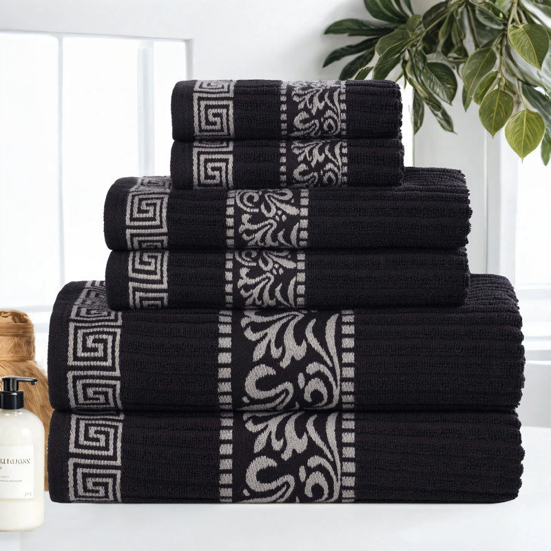 Mikira Athens Cotton Medium Weight Floral Border Greek Key Trim 6 Piece Assorted Towel Set, Black/Chrome