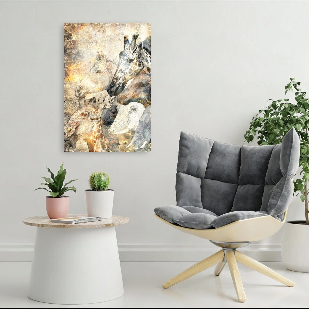 Safari Animal Blend Rustic Vintage Elephant Giraffe Horse Nature Wildlife Wall Art Print