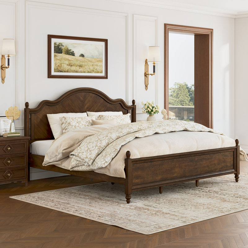 Mid-Century Modern Solid Wood Bed with Herringbone-Inspired Pattern Headboard, King, Dark Walnut