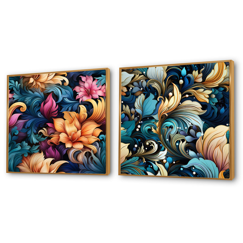 Wareham - Ensemble de 2 collages carrés floraux et botaniques, H 16 po x l 33 po, Cadre flottant doré