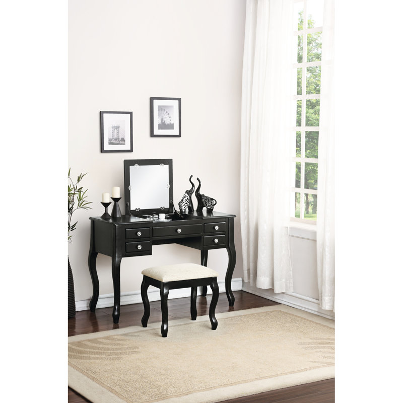Tabouret de meuble-lavabo de chambre à coucher, noir, miroir ouvert, contreplaqué, classique contemporain chic avec espace de tiroir, panneau rabattable, bois d'hévéa, essentiel