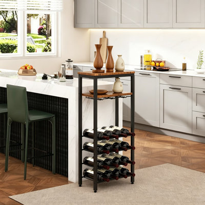 Freestanding Wine Rack With Glass Holders And Tabletop - Holds 16 Bottles, Rustic Industrial Design, Multi-Functional Storage And Display Cabinet For Kitchen, Dining Room, Or Home Bar