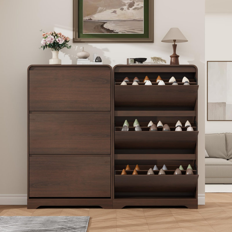 Armoire à chaussures étroite avec 3 tiroirs rabattables, organisateur d'entrée mince avec poignées dorées, 10,25 po de profondeur, brun