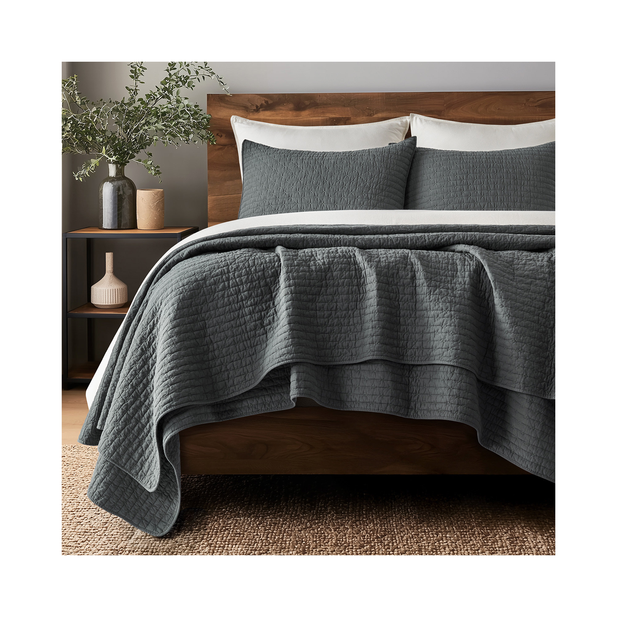 Cross Stitch Cotton Quilt set, Queen, Charcoal Black