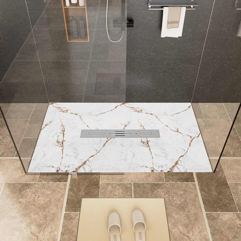 60＂W X 36＂SMC Solid Surface Shower Pan Base With Stainless Steel Drain Cover, Non-Slip Textured, Low-Profile, Curbless, Wheelchair Accessible, Center Drain