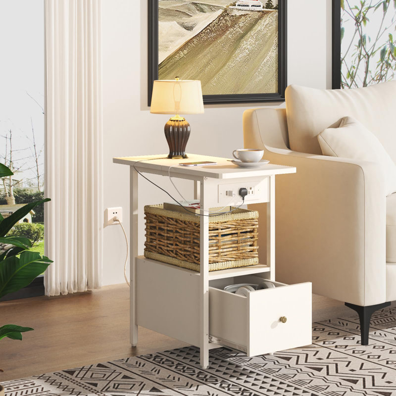 End Table With Charging Station, Narrow Side Table With Drawer And USB Ports & Power Outlets, Dresserdrawer,Side Table,Bed Side Small Space Table With For Bedroom, Closet, Dorm
