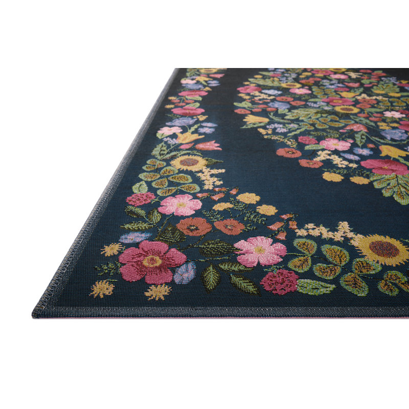 Navy Floral Square Synthetic Indoor/Outdoor Area Rug